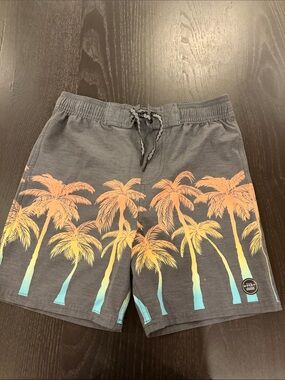 Boys Gray Palm-Print Swim Trunks with Orange and Teal Palms